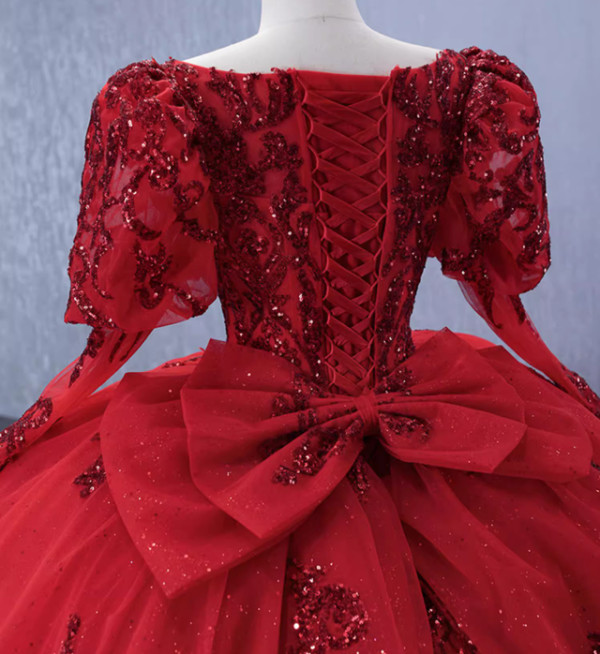 Red Long Sleeve Tulle Sequins Appliques Prom Dress