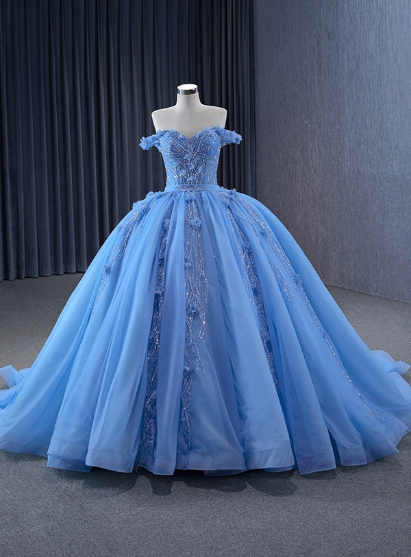 Blue Tulle Off the Shoulder Sequins Appliques Prom Dress