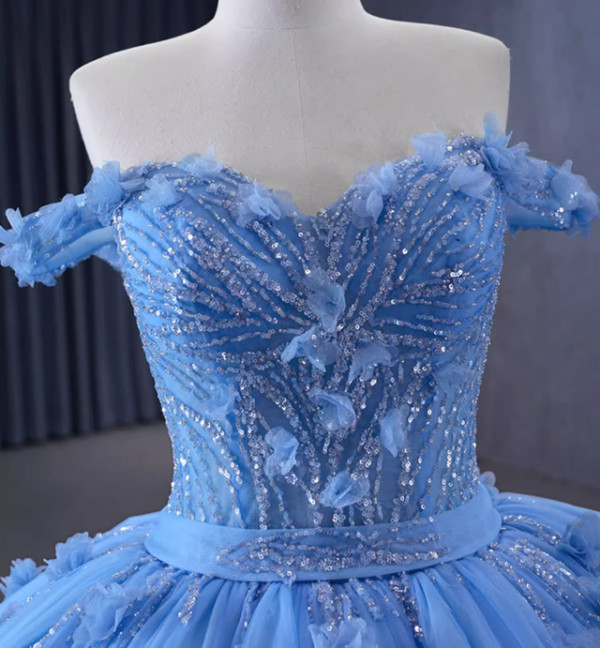 Blue Tulle Off the Shoulder Sequins Appliques Prom Dress