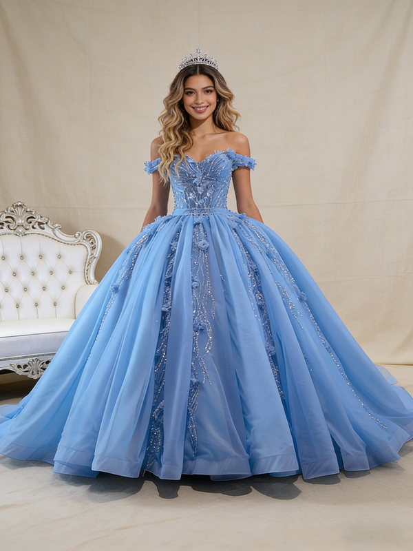 Blue Tulle Off the Shoulder Sequins Appliques Prom Dress