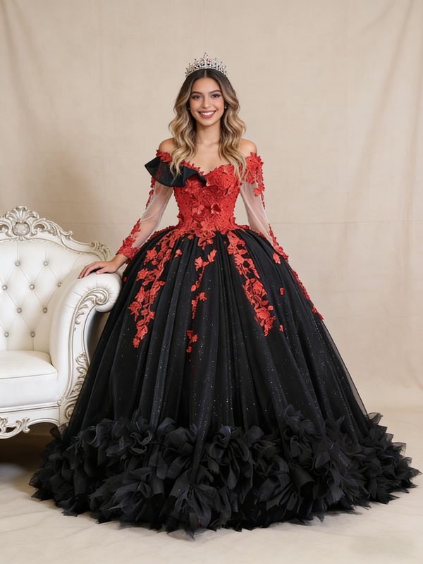 Vintage Black Tulle Sequins Long Sleeve Appliques Prom Dress