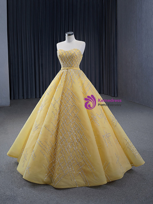 Yellow Tulle Strapless Sequins Beading Prom Dress
