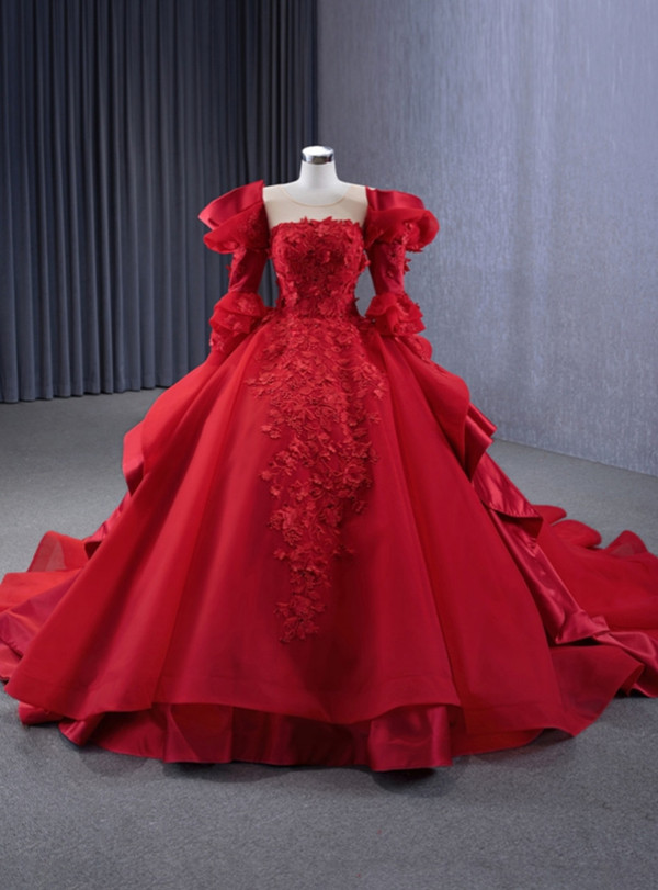Red Long Sleeve Backless 3D Appliques Prom Dress
