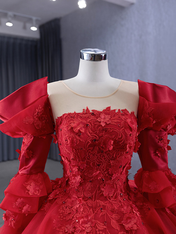 Red Long Sleeve Backless 3D Appliques Prom Dress