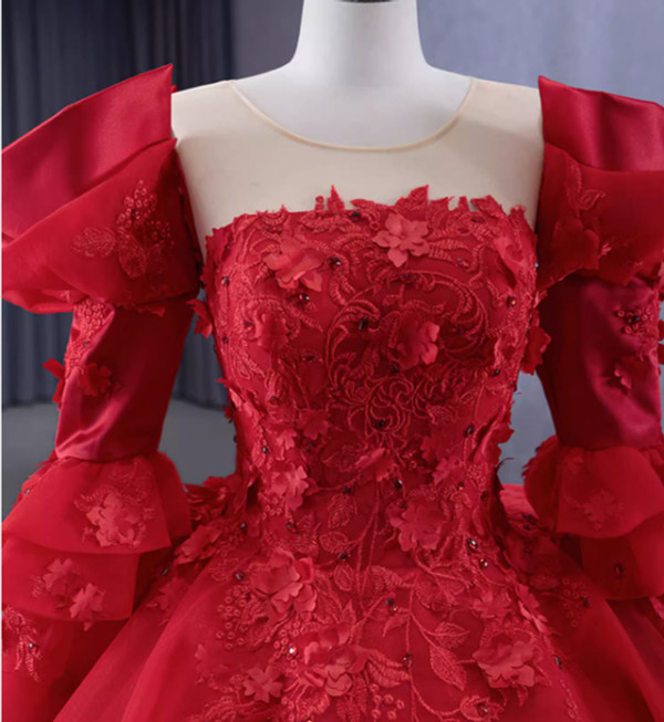 Red Long Sleeve Backless 3D Appliques Prom Dress