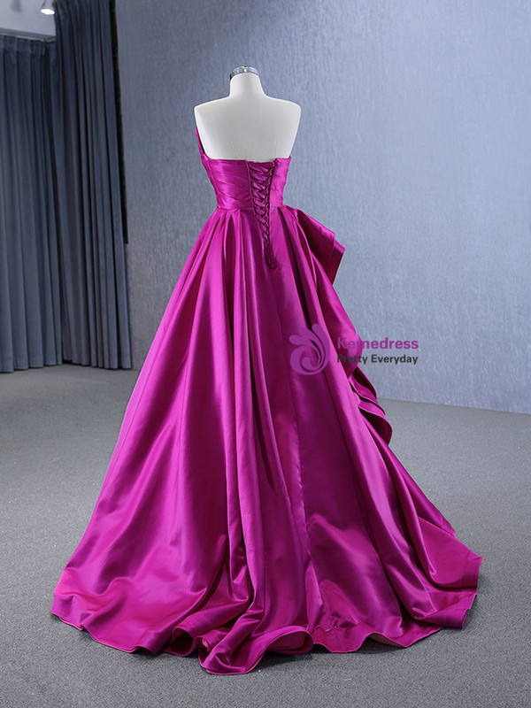 Simple Fuchsia Satin Strapless Pleats Prom Dress