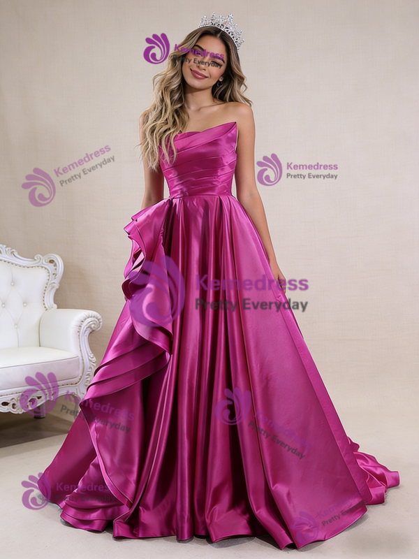 Simple Fuchsia Satin Strapless Pleats Prom Dress