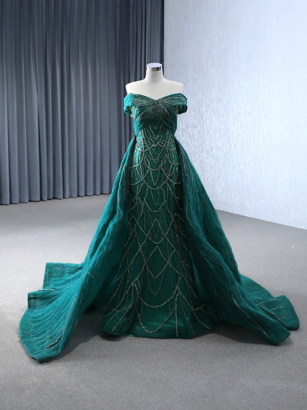 Burgundy Mermaid Sequins Tulle Off the Shoulder Pleats Prom Dress