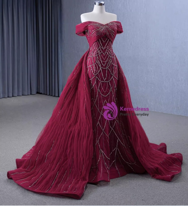 Burgundy Mermaid Sequins Tulle Off the Shoulder Pleats Prom Dress