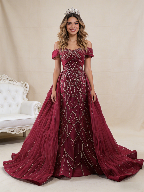 Burgundy Mermaid Sequins Tulle Off the Shoulder Pleats Prom Dress