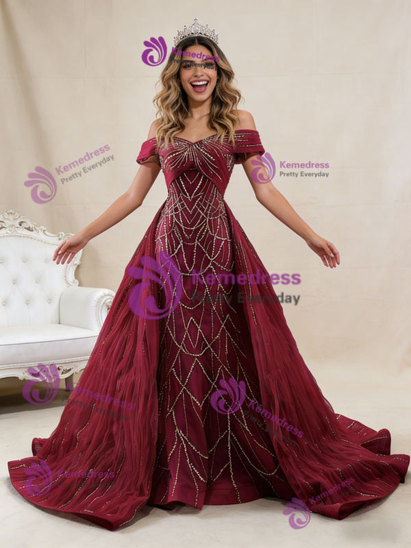 Burgundy Mermaid Sequins Tulle Off the Shoulder Pleats Prom Dress