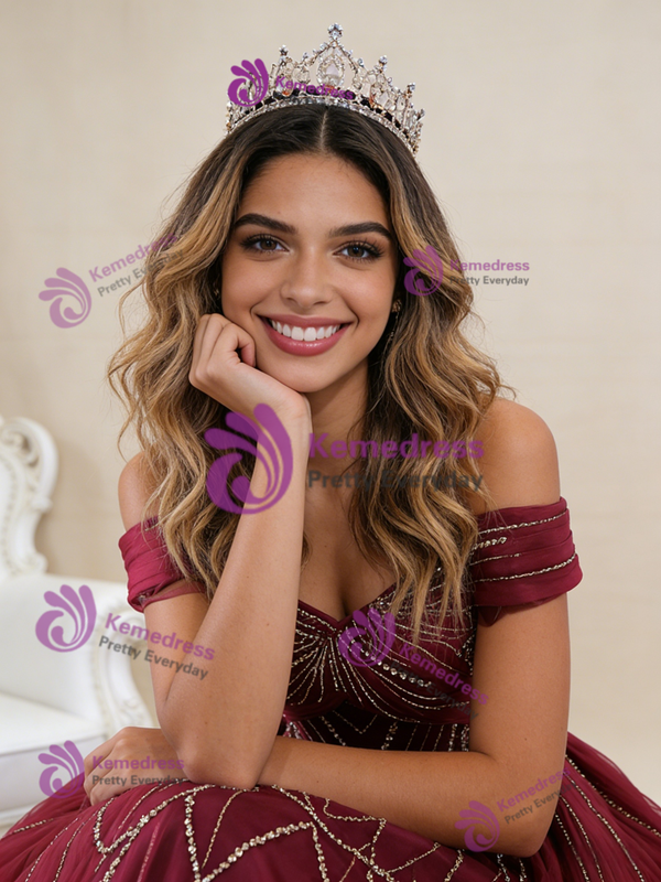 Burgundy Mermaid Sequins Tulle Off the Shoulder Pleats Prom Dress
