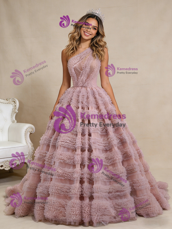 Pink Tulle One Shoulder Pleats Prom Dress