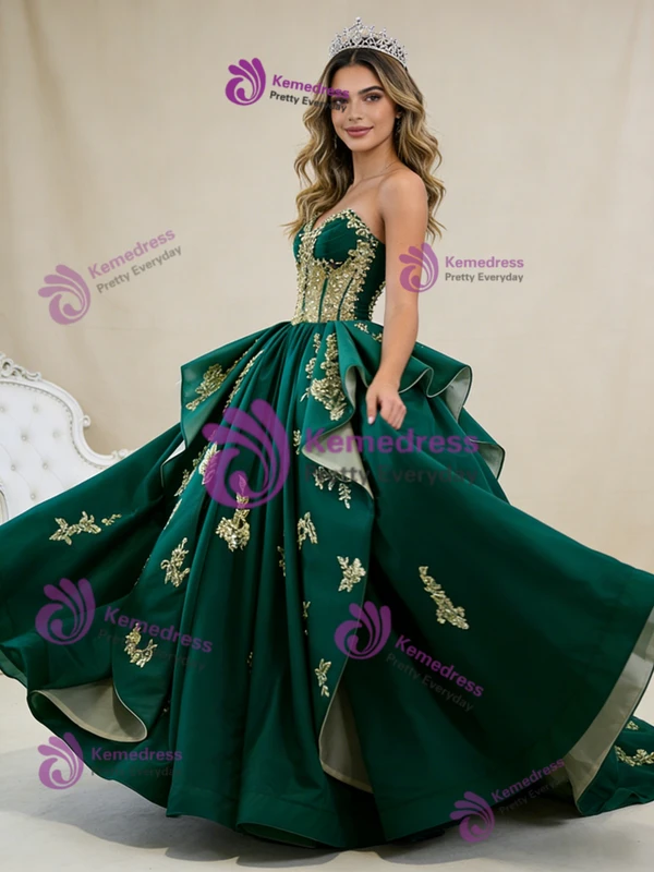 Green Tulle Sweetheart Gold Appliques Prom Dress