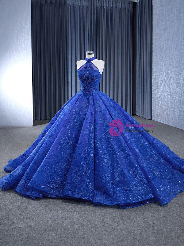 Royal Blue Tulle Halter Sequins Beading Prom Dress