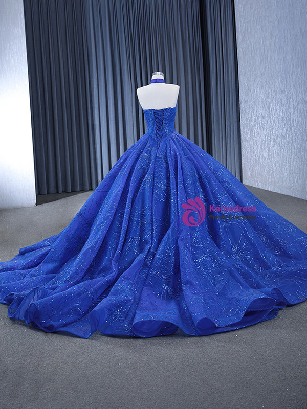 Royal Blue Tulle Halter Sequins Beading Prom Dress