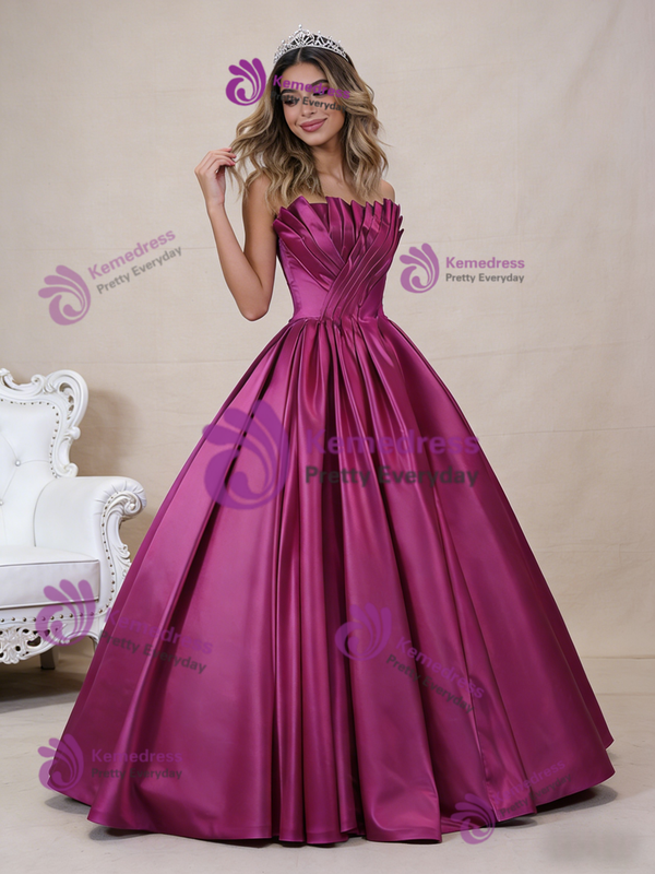 Fuchsia Satin Strapless Pleats Prom Dress