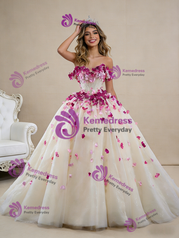Champagne Tulle Sequins 3D Flower Beading Prom Dress