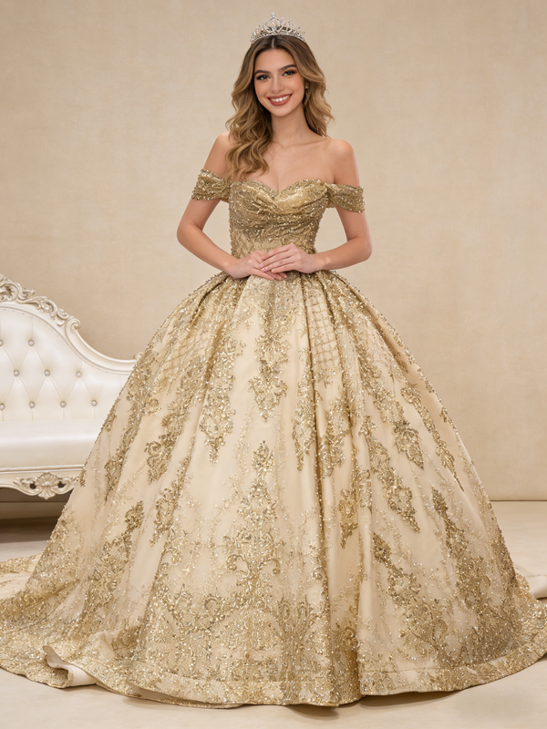 Gold Tulle Sequins Off the Shoulder Pleats Pearls Prom Dress