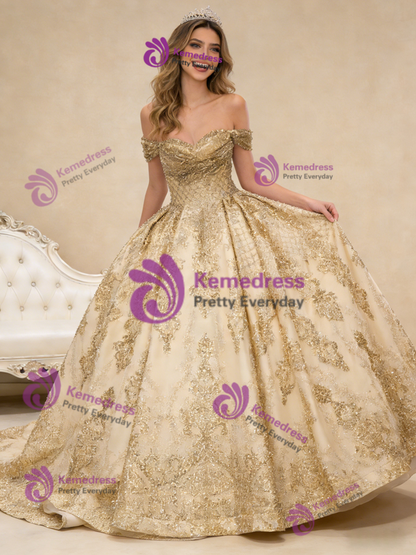 Gold Tulle Sequins Off the Shoulder Pleats Pearls Prom Dress