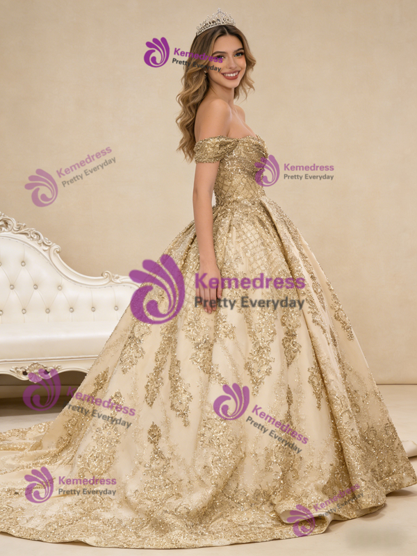 Gold Tulle Sequins Off the Shoulder Pleats Pearls Prom Dress