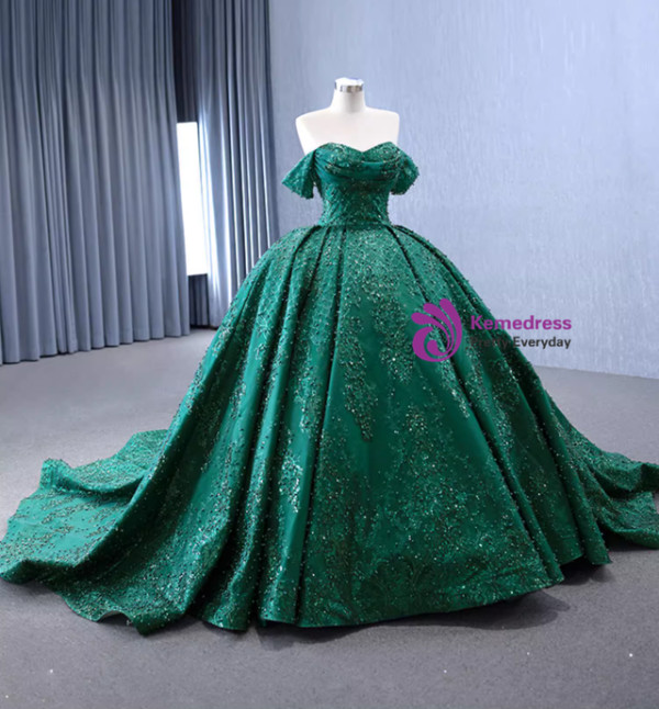 Vintage Green Tulle Sequins Pearls Prom Dress