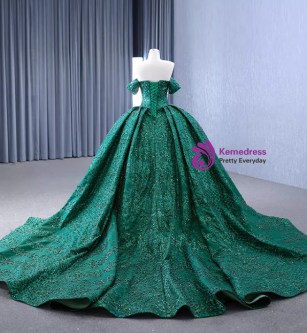 Vintage Green Tulle Sequins Pearls Prom Dress