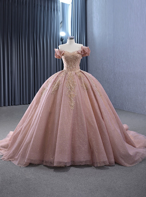 Pink Tulle Sequins Off the Shoulder Beading Appliques Prom Dress