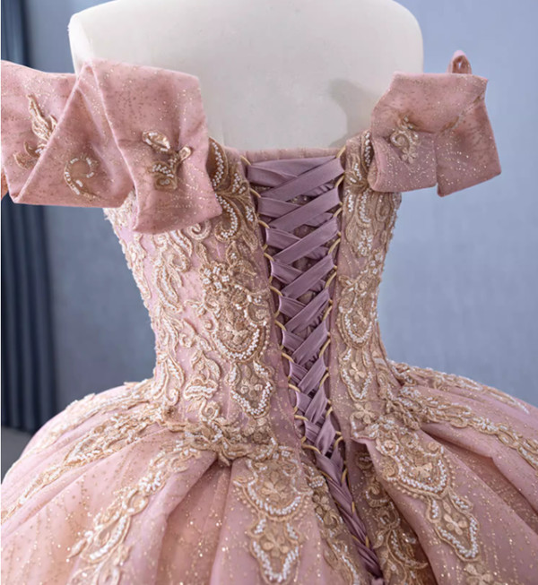 Pink Tulle Sequins Off the Shoulder Beading Appliques Prom Dress