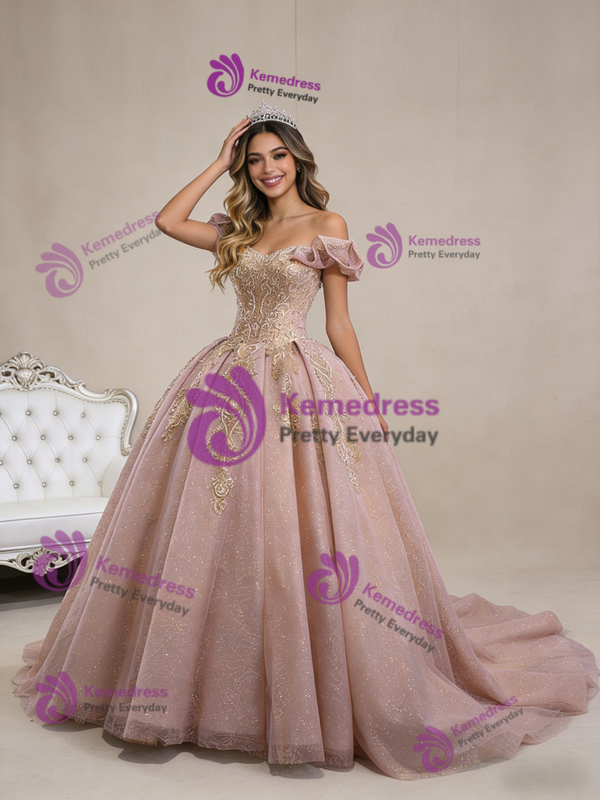 Pink Tulle Sequins Off the Shoulder Beading Appliques Prom Dress