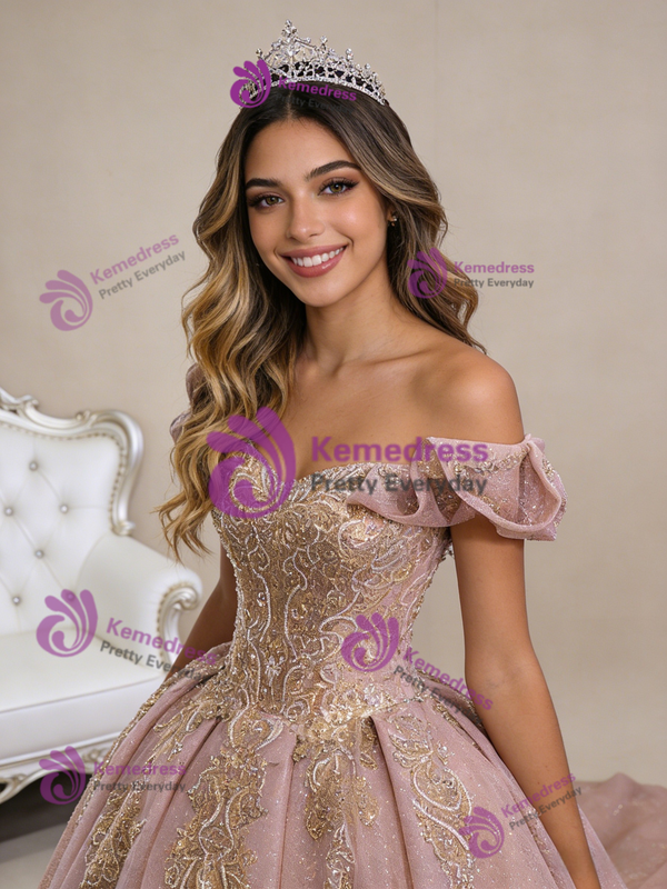 Pink Tulle Sequins Off the Shoulder Beading Appliques Prom Dress