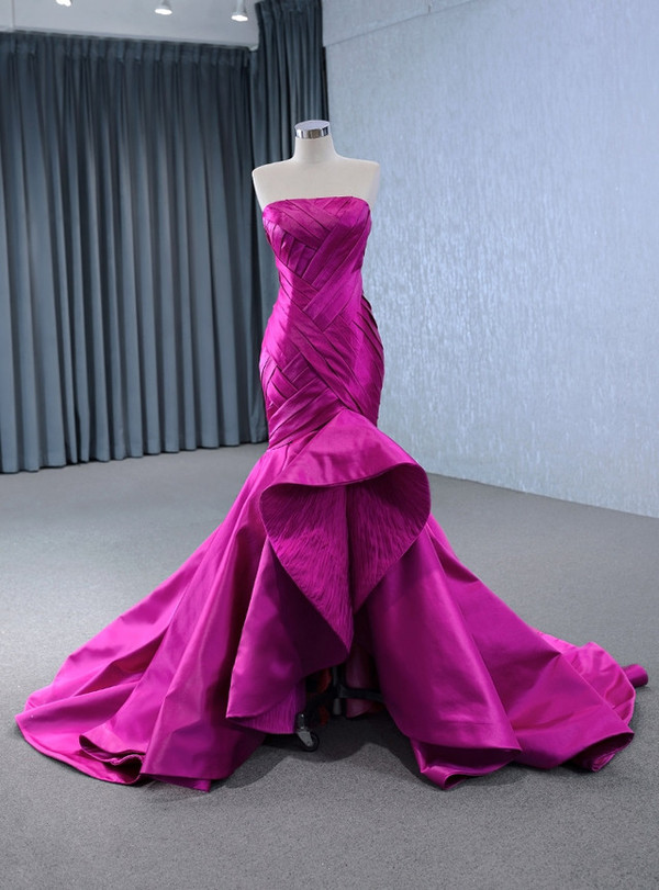 Fuchsia Mermaid Satin Hi Lo Pleats Prom Dress