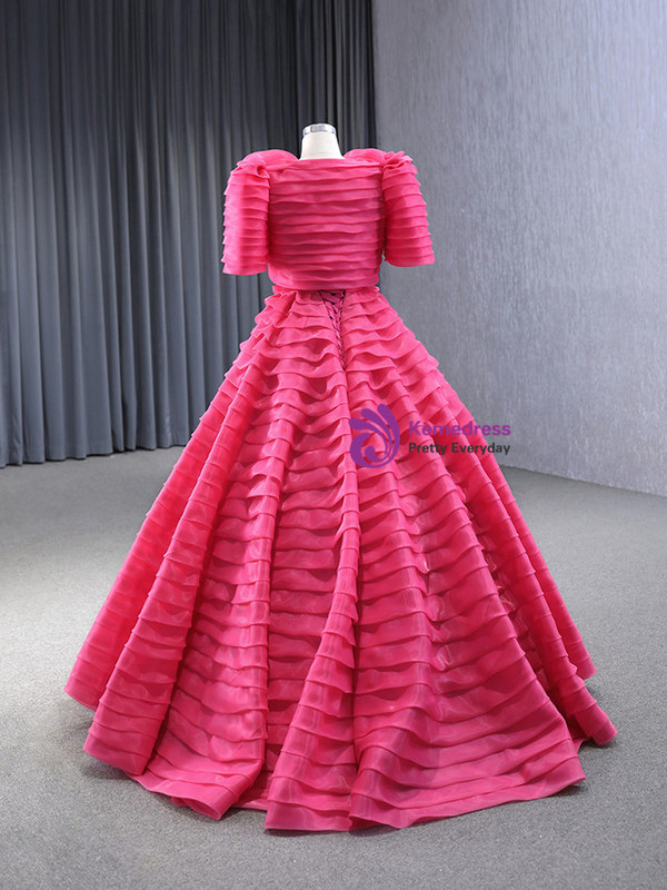 Fuchsia V-neck Pleats Tiers Prom Dress With Jacket