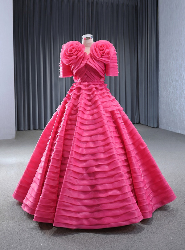 Fuchsia V-neck Pleats Tiers Prom Dress With Jacket