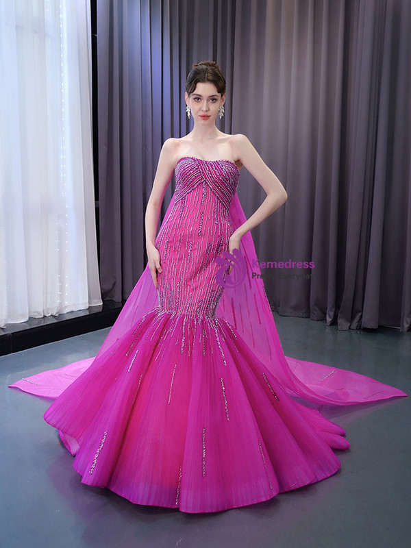 Fuchsia Mermaid Beading Sequins Prom Dress