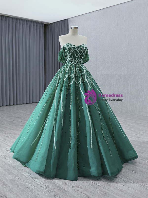Green Tulle Off the Shoulder Beading Sequins Prom Dress