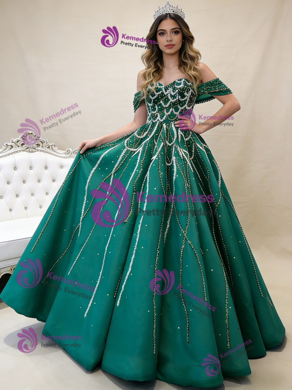 Green Tulle Off the Shoulder Beading Sequins Prom Dress