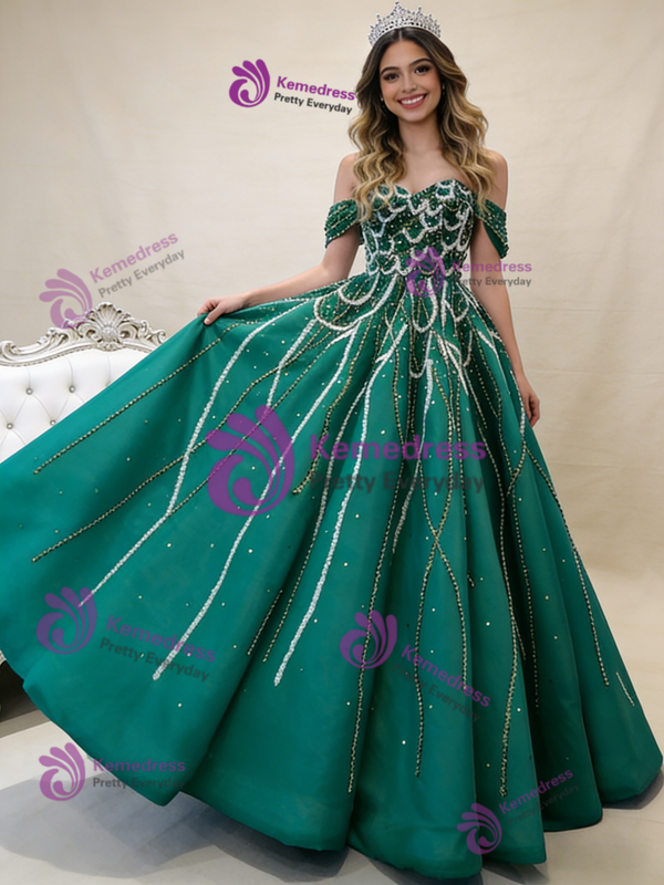 Green Tulle Off the Shoulder Beading Sequins Prom Dress