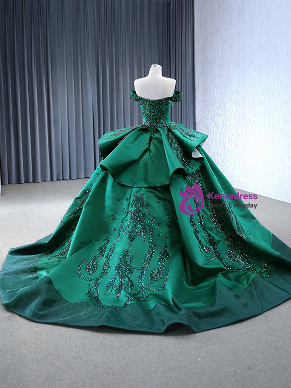 Green Satin Off the Shoulder Sequins Appliques Prom Dress