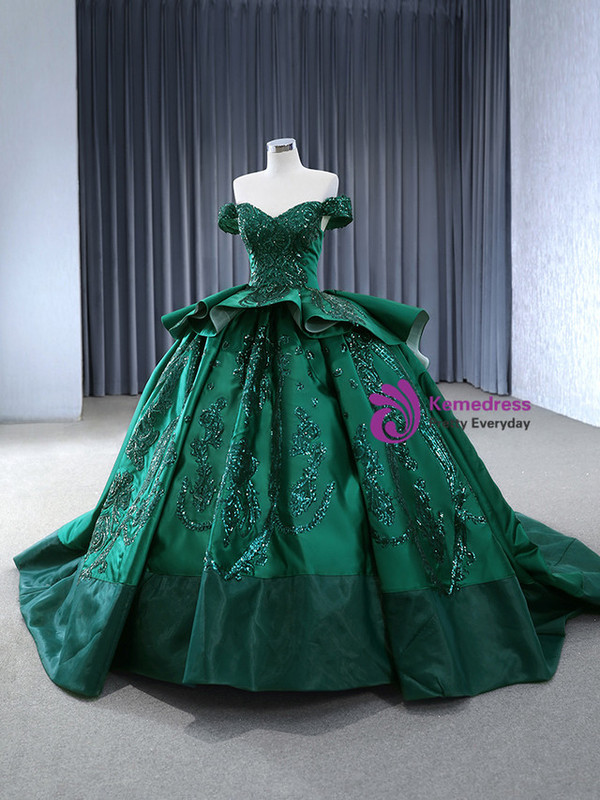 Green Satin Off the Shoulder Sequins Appliques Prom Dress