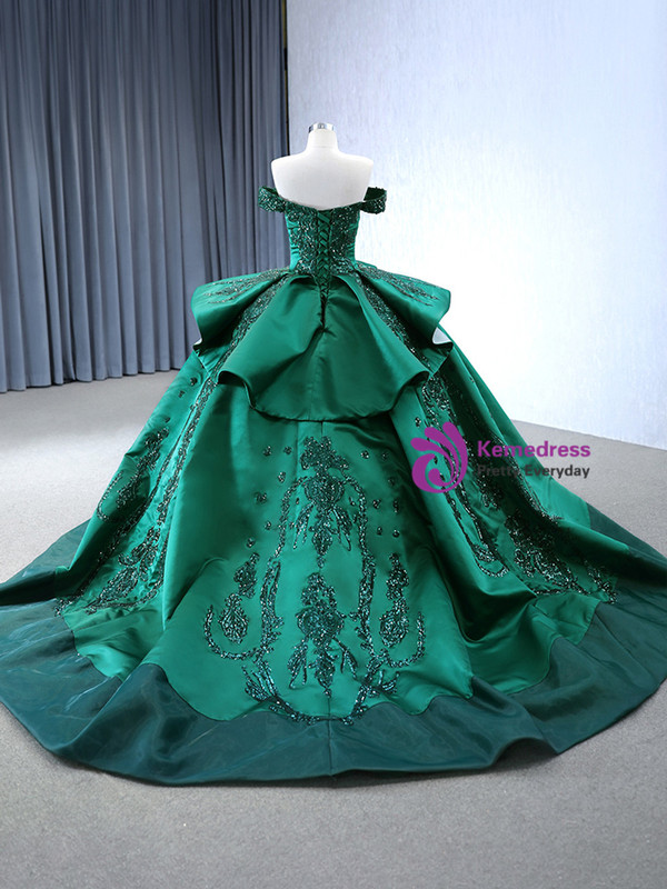 Green Satin Off the Shoulder Sequins Appliques Prom Dress