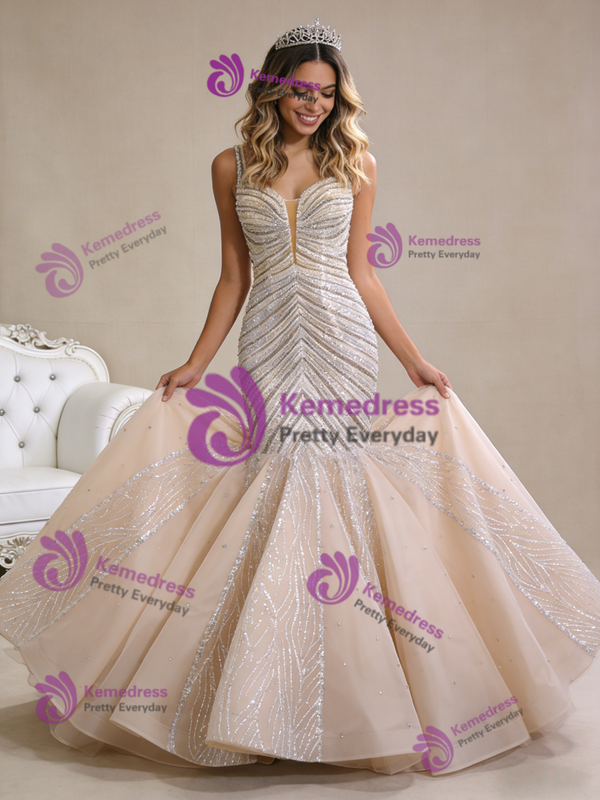 Champagne Mermaid Sequins Beading Prom Dress