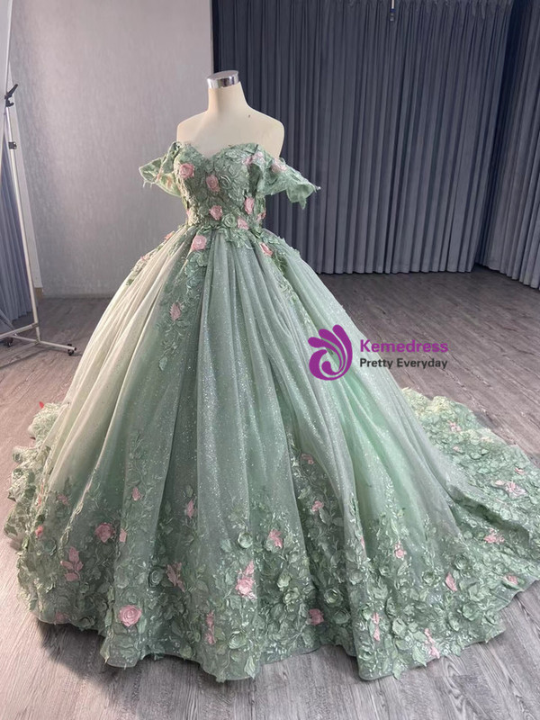 Green Ball Gown Tulle Sequins 3D Flower Prom Dress