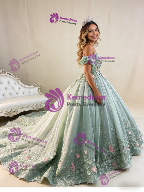 Green Ball Gown Tulle Sequins 3D Flower Prom Dress