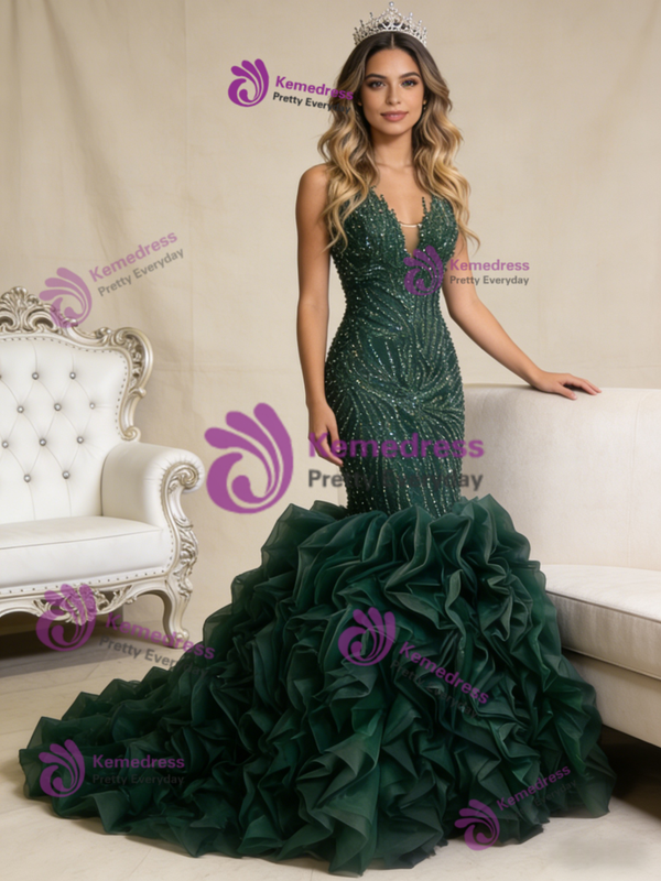 Dark Green Mermaid Strapless Beading Prom Dress