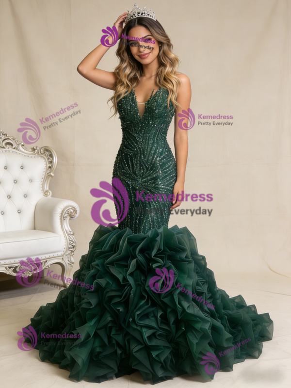 Dark Green Mermaid Strapless Beading Prom Dress