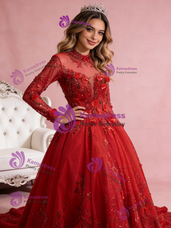 Long Sleeve Sequins Tulle Backless Appliques Prom Dress