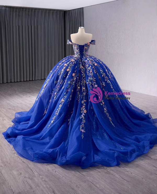 Royal Blue Ball Gown Tulle Appliques Off the Shoulder Prom Dress