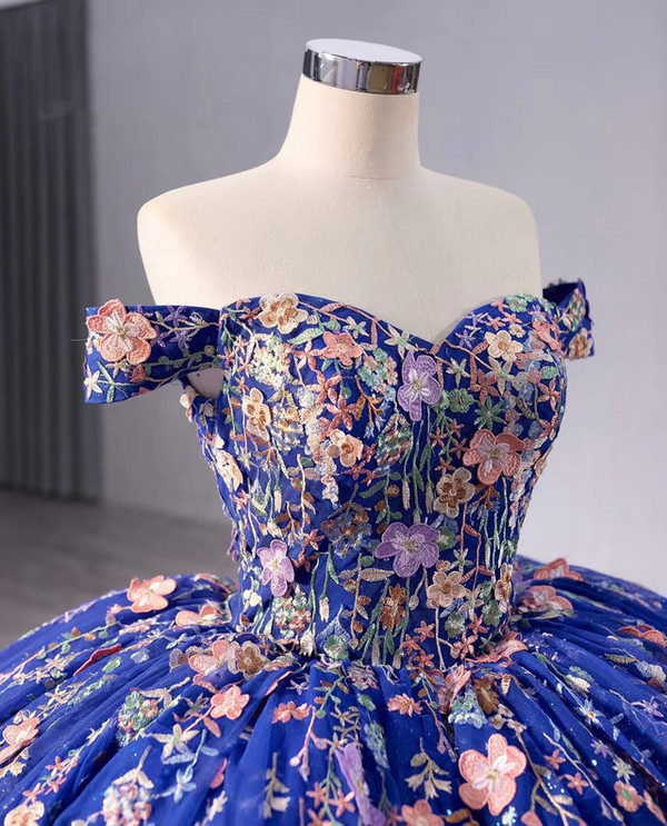 Royal Blue Ball Gown Tulle Appliques Off the Shoulder Prom Dress