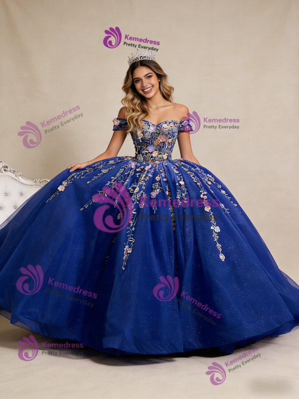 Royal Blue Ball Gown Tulle Appliques Off the Shoulder Prom Dress